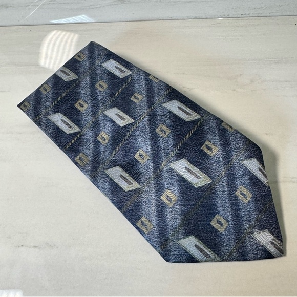 Blue and Gold Geometric Pattern Tie - Picture 1 of 2